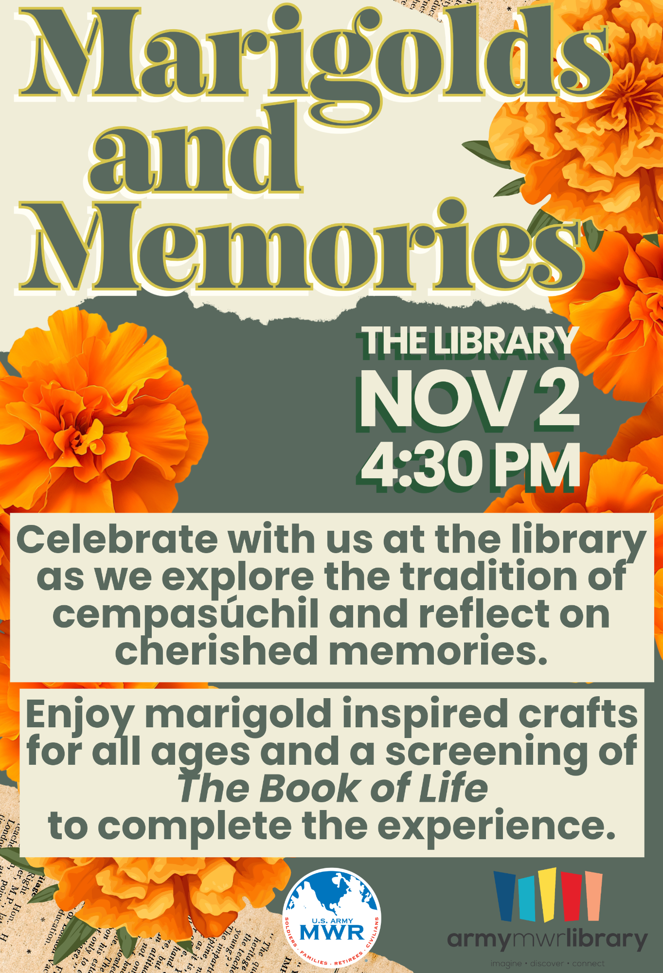 Marigolds and Memories flyer for Library event on November 2nd at 4:30 PM.