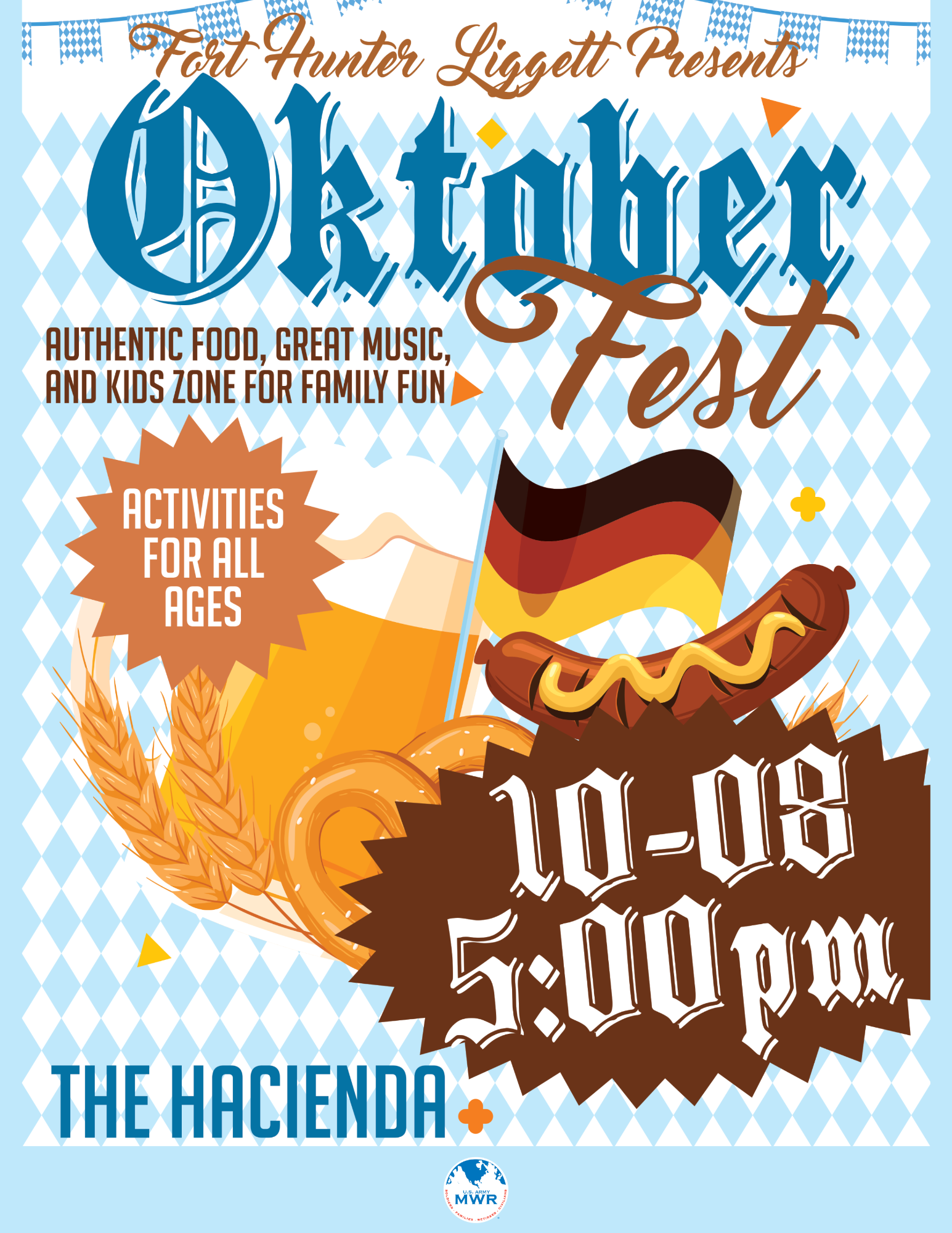 Oktoberfest Flyer that includes images to give it a Bavarian theme, such as pretzels and blue and white colorway.
